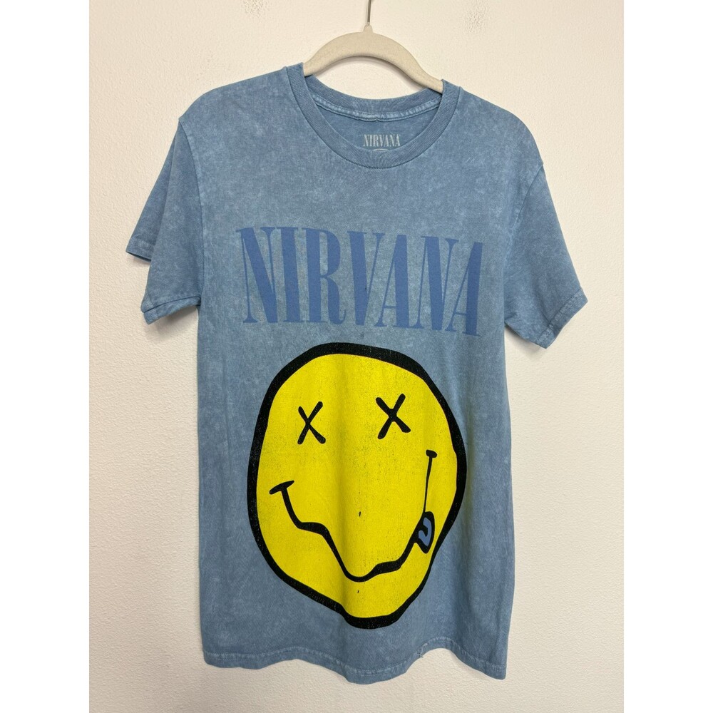 Nirvana Sz S Smiley Face Graphic T-Shirt Blue Gray Distressed Short Sleeve Flaws